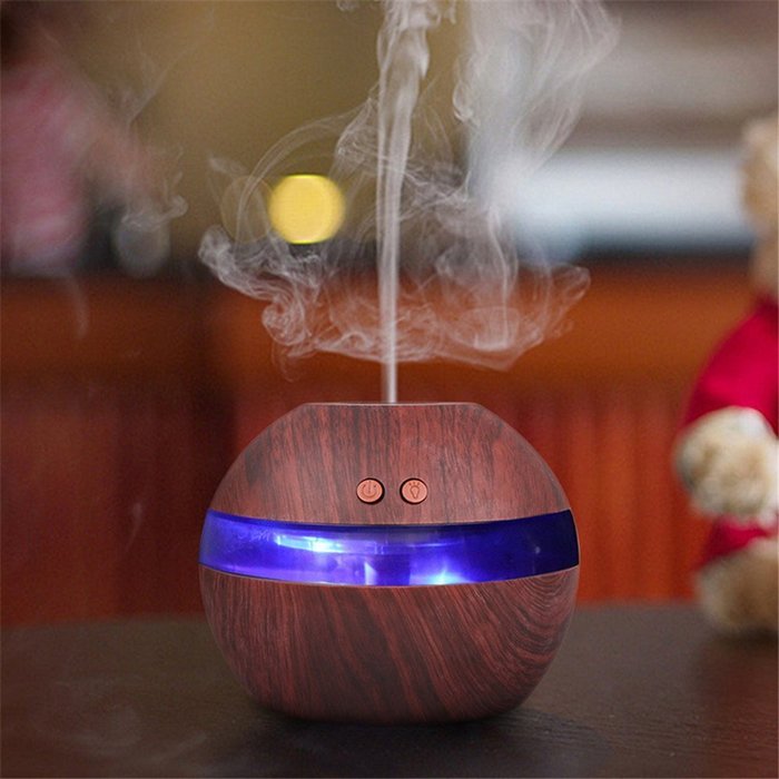 ONEVER 300ml USB Ultrasonic Aroma Aromatherapy Humidifier with Blue LED Light (Dark wood color) N6