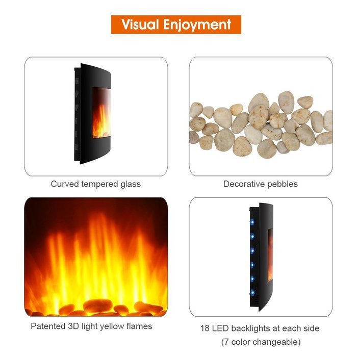 Finether 1500W Adjustable Wall Mounted Electric Fireplace Heater with 3D Patented Flame, 7 Color Changeable LED... N8