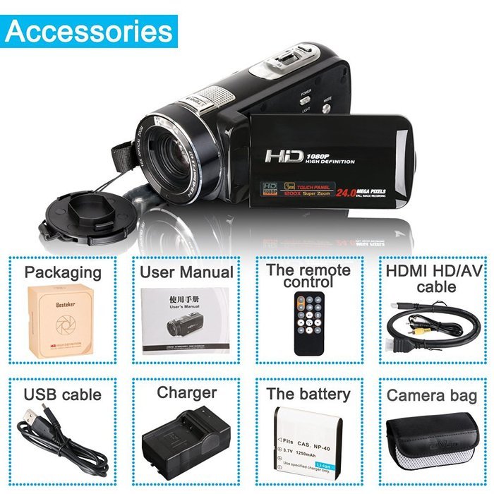 Camera Camcorders, Besteker Portable Digital Video Camcorder HD 1080P DV 3.0 Inches Touch Screen Support 64G SD... N9