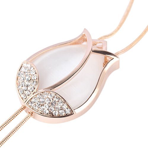 Striking Women's Beauty Tulip Flower Pendant Crystal Rhinestones Long Necklace White