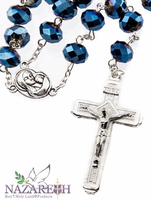 New Catholic Deep Blue Large Crystal Beads Rosary Holy Soil Medal & Jesus Cross
