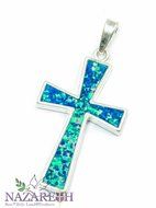 Jerusalem Opal Cross Pendant 1" Sterling Silver 925 Handmade Holy Land N2