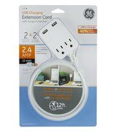 GE USB Charging Extension Cord with Surge Protection, 2 Outlet, 2 USB, 2.4A/12W, 12 ft. Cord, White, 32089