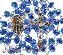 Catholic Blue Beads Rosary Holy Land Necklace Miraculous Medal and Crucifix 17&quot;