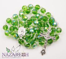 Catholic Rosary With Green Crystal Beads Handmade Necklace Virgin Mary &amp; Crucifix From Jerusalem