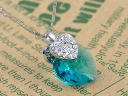 Aqua Blue Heart Clear Crystal Encrusted Heart Silver Tone Chain Pendant