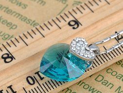 Aqua Blue Heart Clear Crystal Encrusted Heart Silver Tone Chain Pendant N2