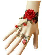 QTMY Black Lace Adjustable Red Rose Finger Ring Bracelet Jewelry Set Gift for Women Girl
