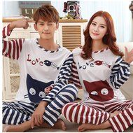 KAKA(TM) Couple Lover Pure Cotton Pyjamas Cute Cartoon Stripe Fish And Cat Homewear Sleepwear (1 set)-XL N2