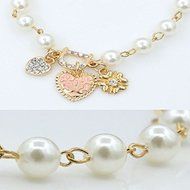 Elegant Women Single Layer Sweet Heart Crystal Pearl Cuff Style Bangle Bracelet N4