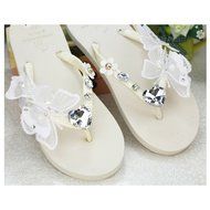 KAKA(TM) Women's Fashion Rhinestone Glitter Studded Crystal Flower Thong Sandals Flip Flops Sandals White 35-36