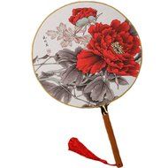 2PCS Cotton Fabric Fan Print Decor Bamboo Handle Round Hand Fan, Flower/Red