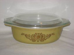 RARE - Vintage Pyrex Promotional Golden Rose Floral &amp; Tan Oval 1 1/2 Quart Casserole Baking Dish w/ Clear Lid