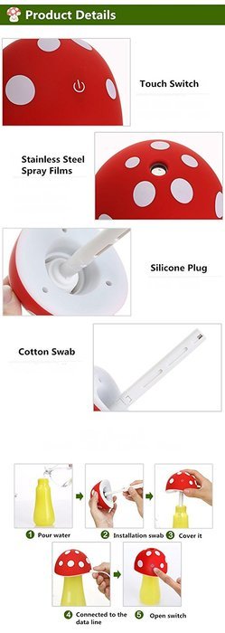 N.choice 200ml Unique Beautiful Mushroom Mini USB Humidifier Purifier with LED Light for Office Home Car travel