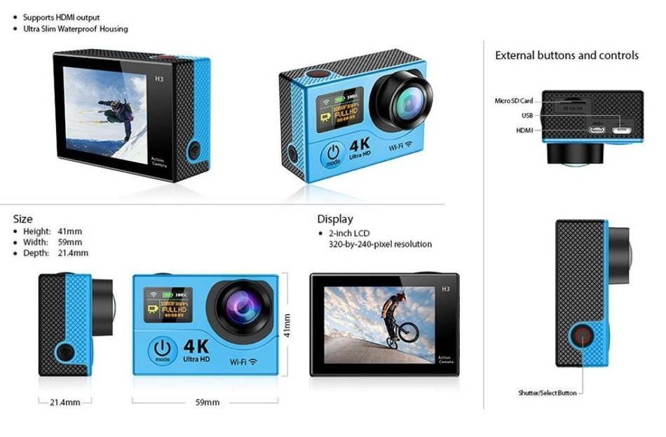 TONSEE Sport Camera H3R Ultra 4K HD 2.0 Inch Screen Action Camera Waterproof 30m+Remote Control - Blue