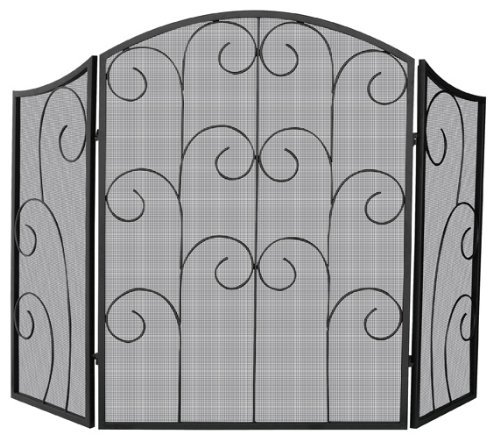 Uniflame, S-1015, 3 Panel Black Wrought Iron Screen with Decorative Scroll