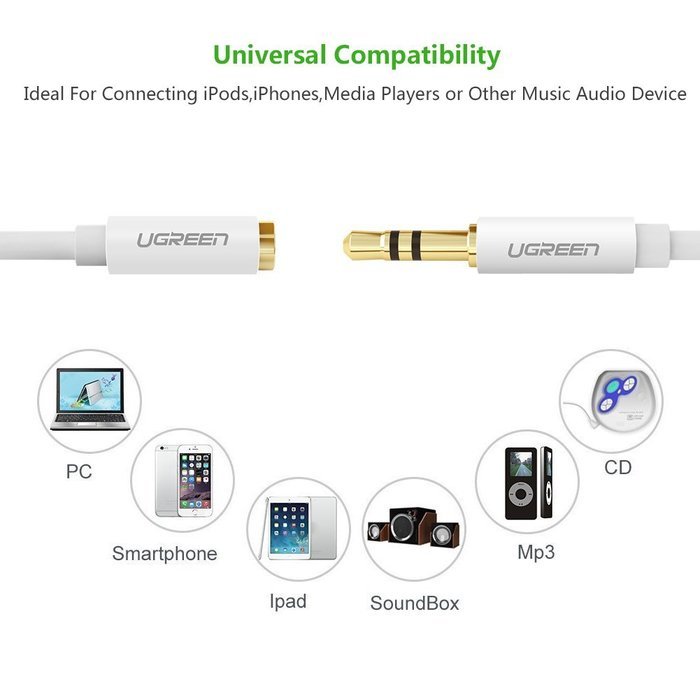 UGREEN 10747 Gold Plated 3.5mm Stereo Auxiliary Extension Cable - 3ft (1m) - White for Smartphones, Tablets...
