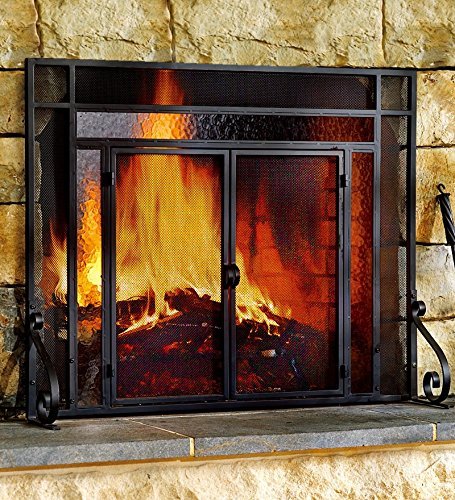 Plow & Hearth Two-Door Fire Screen With Glass Accents - Tubular Steel Frame with Tempered Glass - Matte Black...