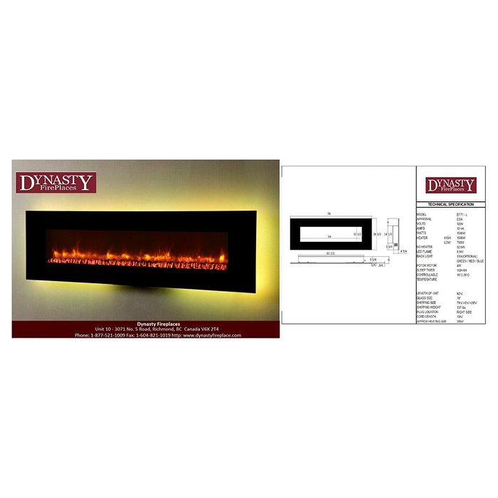 Dynasty Contemporary Electric Fireplace LED Wall Mount - 78 in.