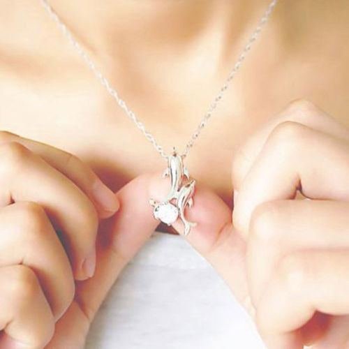 Silver plated Double Dolphin Rhinestone Short Chain Pendant Necklace Jewelry N2