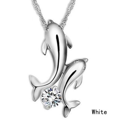 Silver plated Double Dolphin Rhinestone Short Chain Pendant Necklace Jewelry N3