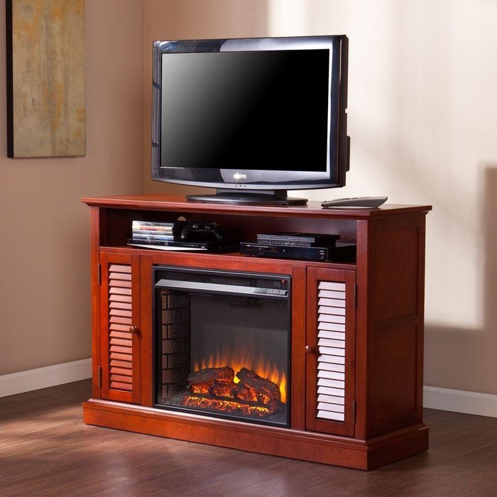 Leven 48 in. Portable Free Standing Traditional Electric Indoor Wood Burning Fireplace in Classic Mahogany, with... N4