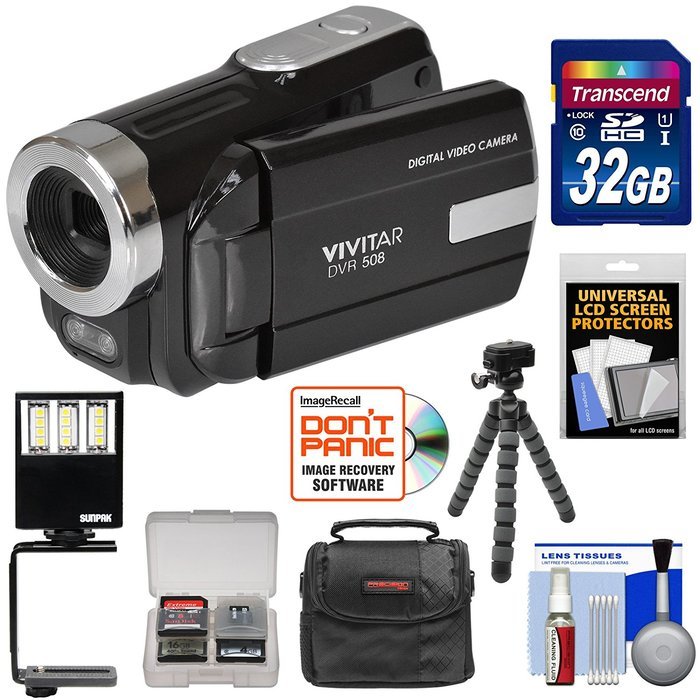 Vivitar DVR-508 HD Digital Video Camera Camcorder (Black) with 32GB Card + Case + LED Video Light + Flex Tripod... N2