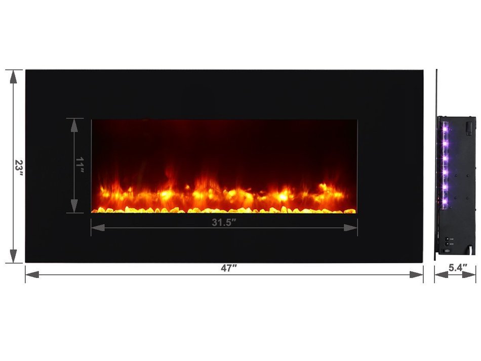 PuraFlame 47" Rossano, Wall Mounted, Flat Panel Electric Fireplace Heater with Remote, 1500W, Black N7