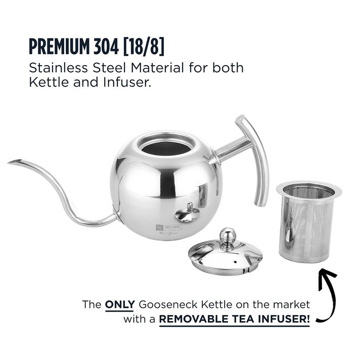 Nati & Home Stainless Steel Drip Coffee Kettle with Built-In Removable Tea Infusion - 1.1 L N3