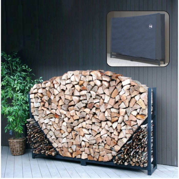 ShelterIt Straight Firewood Log Rack with Kindling Wood Holder and Waterproof Cover, 4', Black