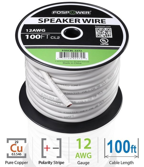 FosPower CL2 Rated 14AWG 2-Conductor In-Wall Speaker Wire (100 Feet) Oxygen-Free Pure Copper - UL Listed for In-Wall... N5