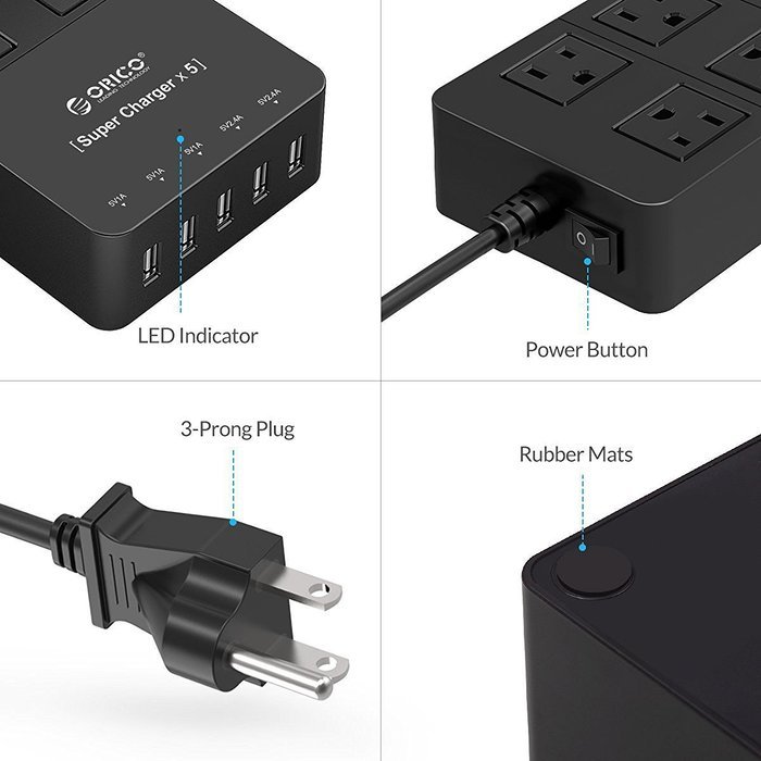 ORICO Home/office 6-Outlet Surge Protector Power Strip 5ft Power Cord with 5 Port 40W USB Charger,1700 Joule -...