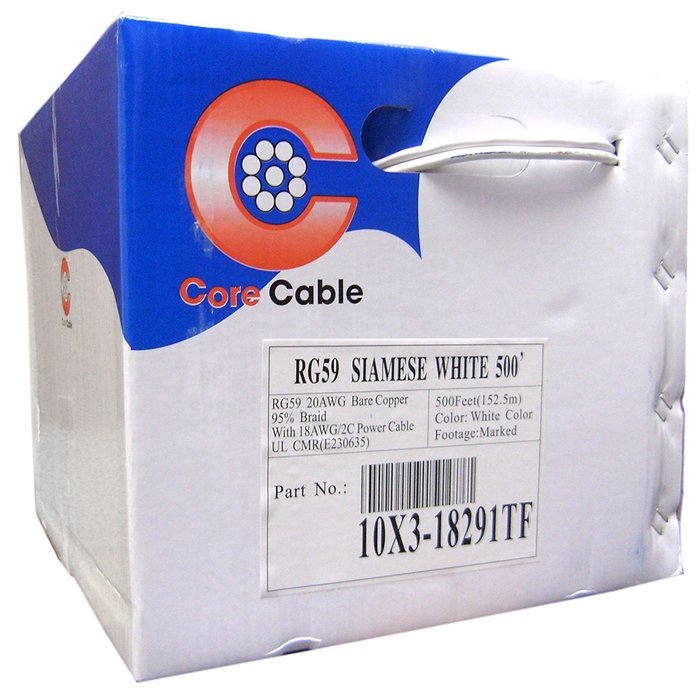 SkuBros Bulk RG59 Siamese Coaxial/Power Cable, White, Solid Core (Copper) Coax, 18/2 (18 AWG 2 Conductor) Stranded...