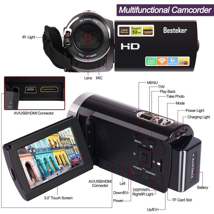 Camera Camcorders, Besteker Portable 1080P 24MP 16X Digital Zoom Video Camcorder with 2.7" LCD and 270 Degree... N2
