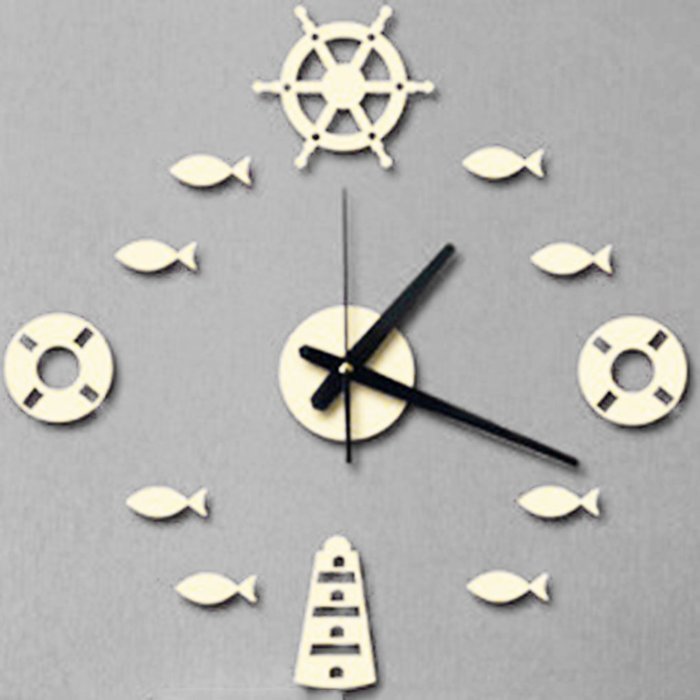 MuLuo Mediterranean DIY Rudder Fish Lifebuoy Wall Clock 3D Wall Stickers Watches Home Decor silver