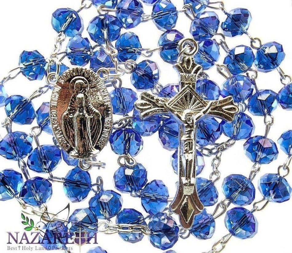 Catholic Blue Beads Rosary Holy Land Necklace Miraculous Medal and Crucifix 17"