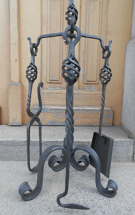 Wrought Iron Fireplace Tools Set Hand Forged Handmade 4 Pieces Stove Set N3