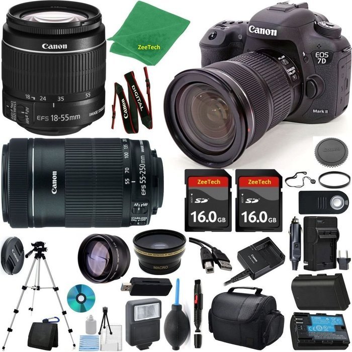Canon EOS 7D Mark II Camera + 18-55mm IS STM + 55-250mm STM + 2pcs 16GB Memory + Case + Reader + Tripod + ZeeTech...