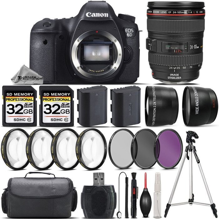 Canon EOS 6D DSLR Camera + Canon 24-105mm IS USM Lens + 0.43X Wide Angle Lens + 2.2x Telephoto Lens + 64GB Storage...