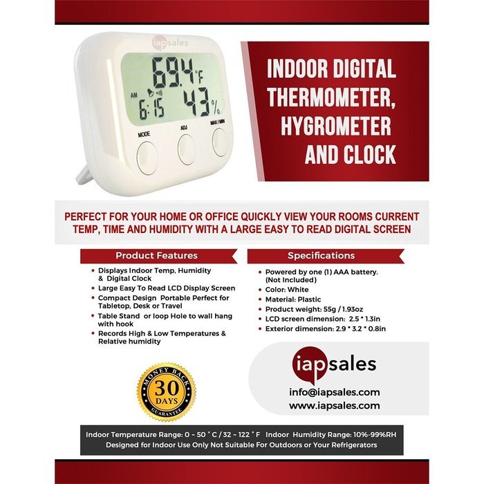 Indoor Thermometer &mdash; Hygrometer & Desktop Clock &mdash; Easy To Read & Accurate &ndash; Displays Temperature, Humidity and... N6