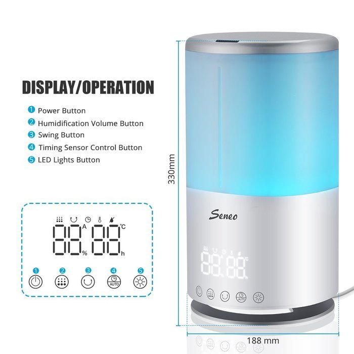 Seneo Cool Mist Ultrasonic Humidifier with Up to 33-hour Per Fill, Humidity and Temperature Display, Intelligent... N3