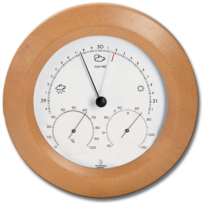 Weather Station - Aneroid Barometer - Analog Thermometer - Spiral Hygrometer - 8 in. Round Solid Beech Wood Frame... N3