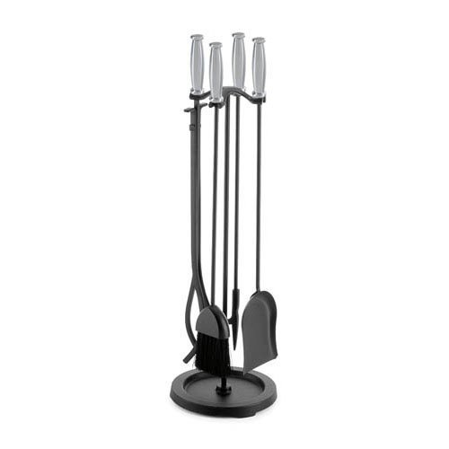 5 Pc Round Base Fireplace Set in Black & Polished Steel