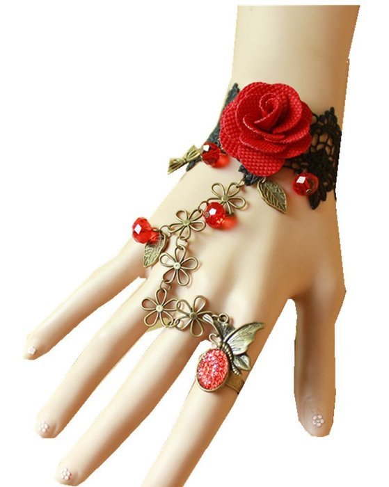 QTMY Black Lace Adjustable Red Rose Finger Ring Bracelet Jewelry Set Gift for Women Girl