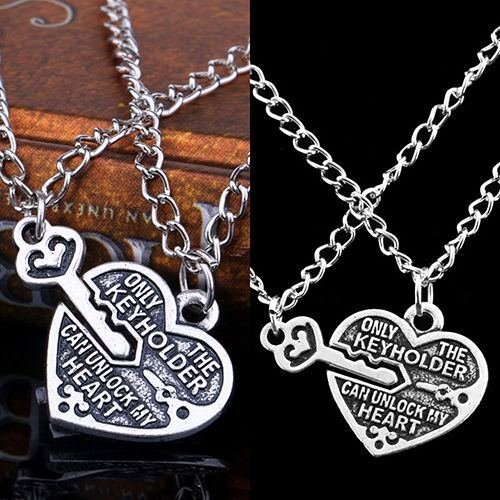 2pcs Heart Key Pendant Necklace Best Friends Lovers Couple Jewelry Eye-Catching