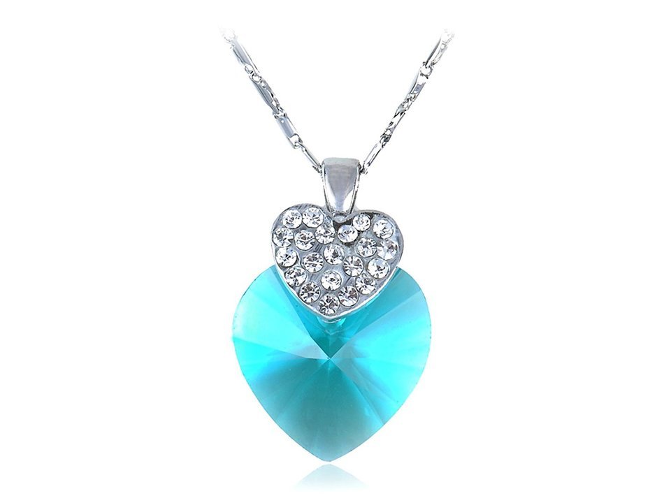 Aqua Blue Heart Clear Crystal Encrusted Heart Silver Tone Chain Pendant N3