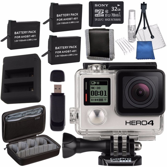 GoPro HERO4 Black + Rechargeable Battery + Dual Battery Charger + Sony 32GB microSDHC Card + Case for GoPro HERO4...
