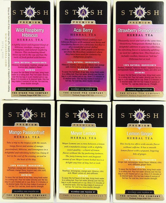 Stash Tea Fruity Herbal Tea Six Flavor Assortment, 18-20 Count Tea Bags in Foil (Pack of 6)