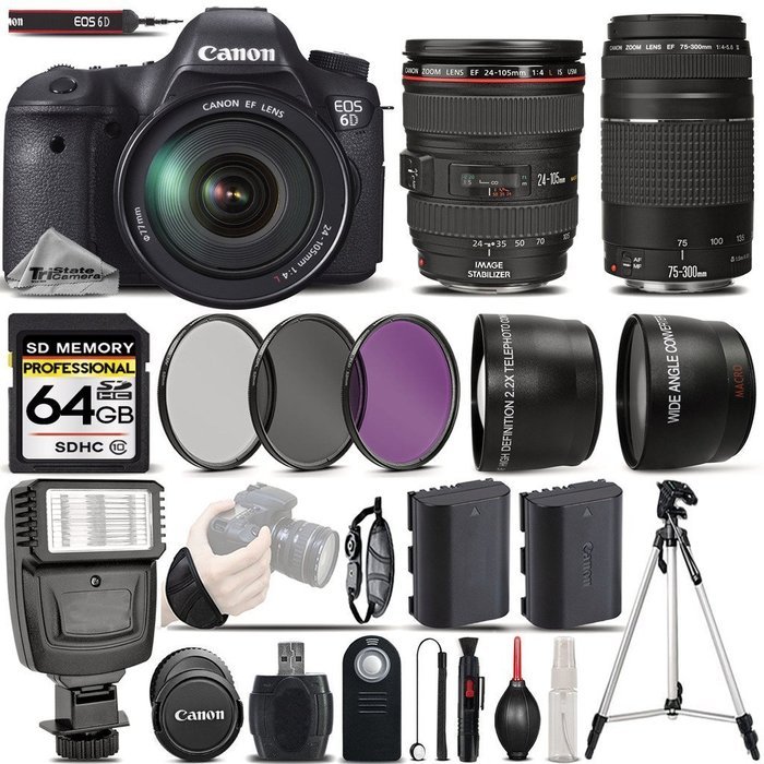 Canon EOS 6D DSLR Camera + Canon 24-105mm f/4L IS USM Lens + 75-300mm III Lens + Flash + 0.43X Wide Angle Lens...