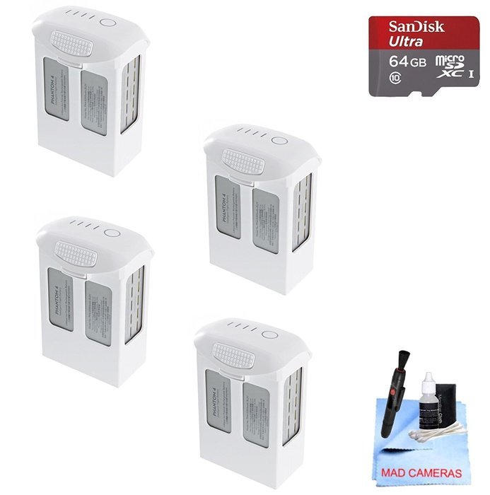 DJI Phantom 4 Battery Power Kit - Includes 4 Intellegent In Flight Batteries + 1 64GB SD Memory Card